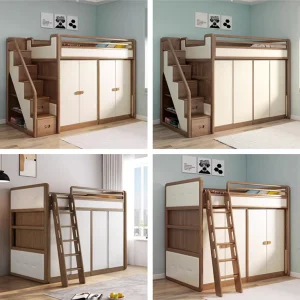 Solid Ash Wood Loft Bed with Underneath Wardrobe