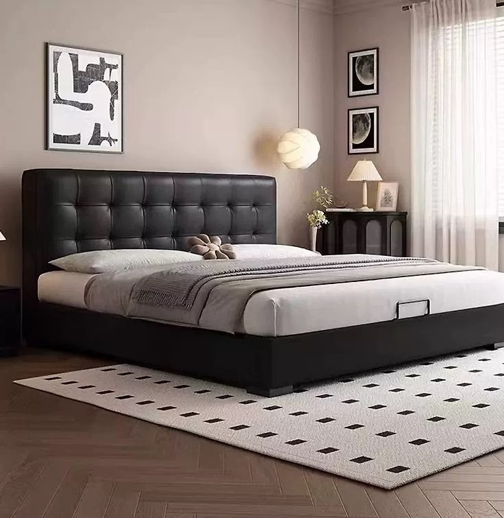 Cama con cabecero acolchado y tapizado en piel negra CA-M-90