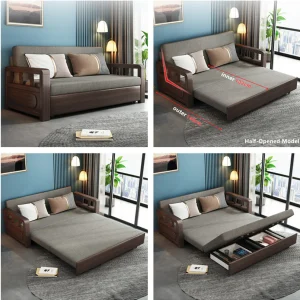 Sofá cama convertible moderno con estructura de madera maciza y almacenamiento debajo